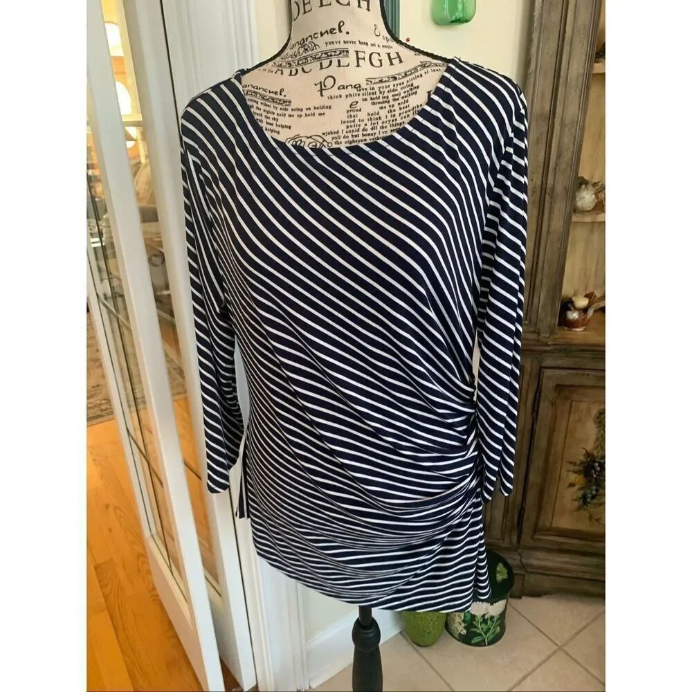 New York & Co NAVY BLUE White Stripes Slinky FITTED STRETCHY RUCHED Top NWT